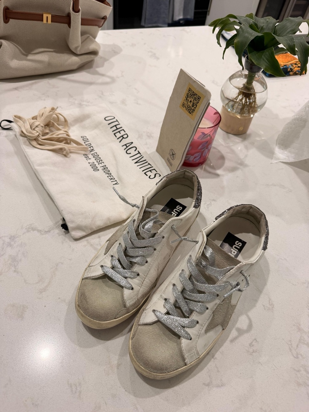 Golden Goose White & Grey Low-Top Sneakers with Silver Glitter Heel . - Picture 6 of 8